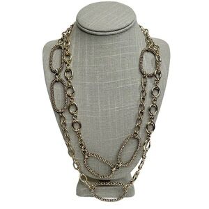 Gold Tone Asymmetrical Textured Oval Rings Chain Link Long Necklace